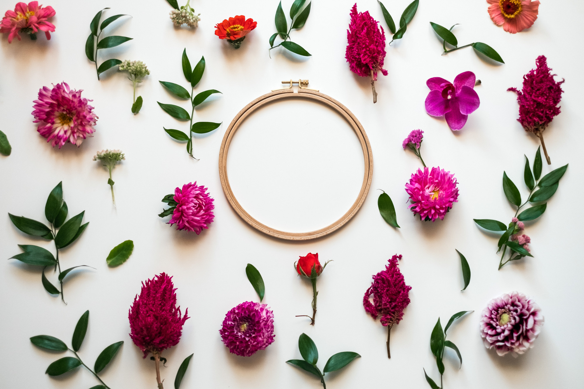 studio shot of embroidery hoop with floral design