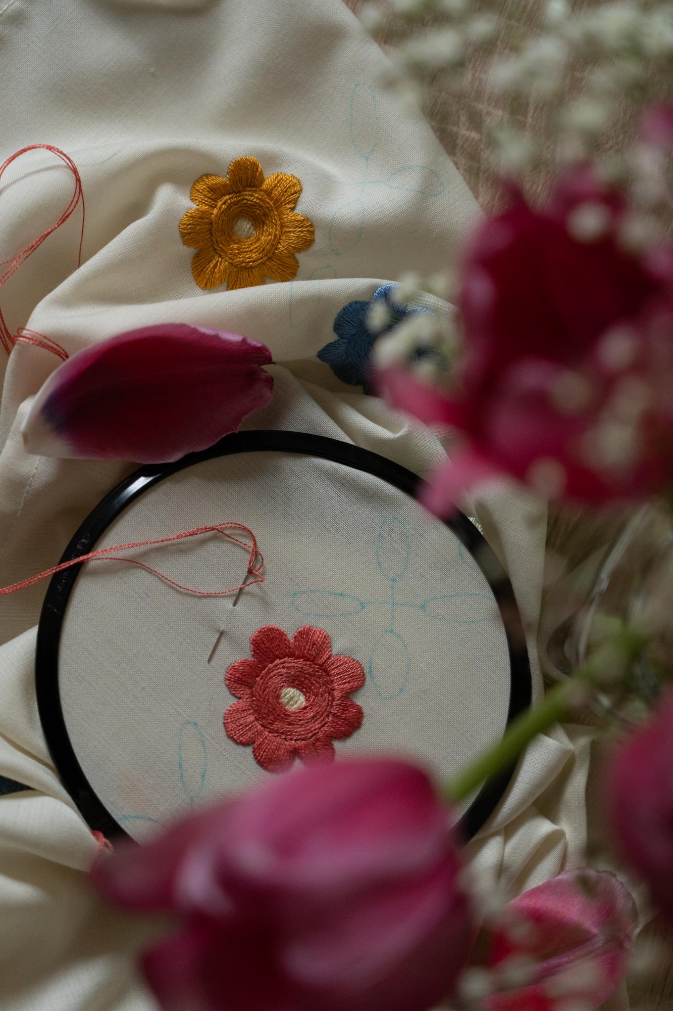 close-up of embroidered floral patch on fabric